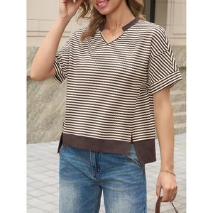 Womens Short Sleeve Striped Pullover <b>Top</b> V Neck Loose Cropped Knit Sweater Summer Casual <b>High</b> <b>Low</b> Hem T Shirt - Product Image 5