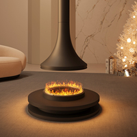 Cheminée suspendue au design moderne et séparé, avec base circulaire au sol et flamme annulaire à 360°, foyer bioéthanol futuriste suspendu