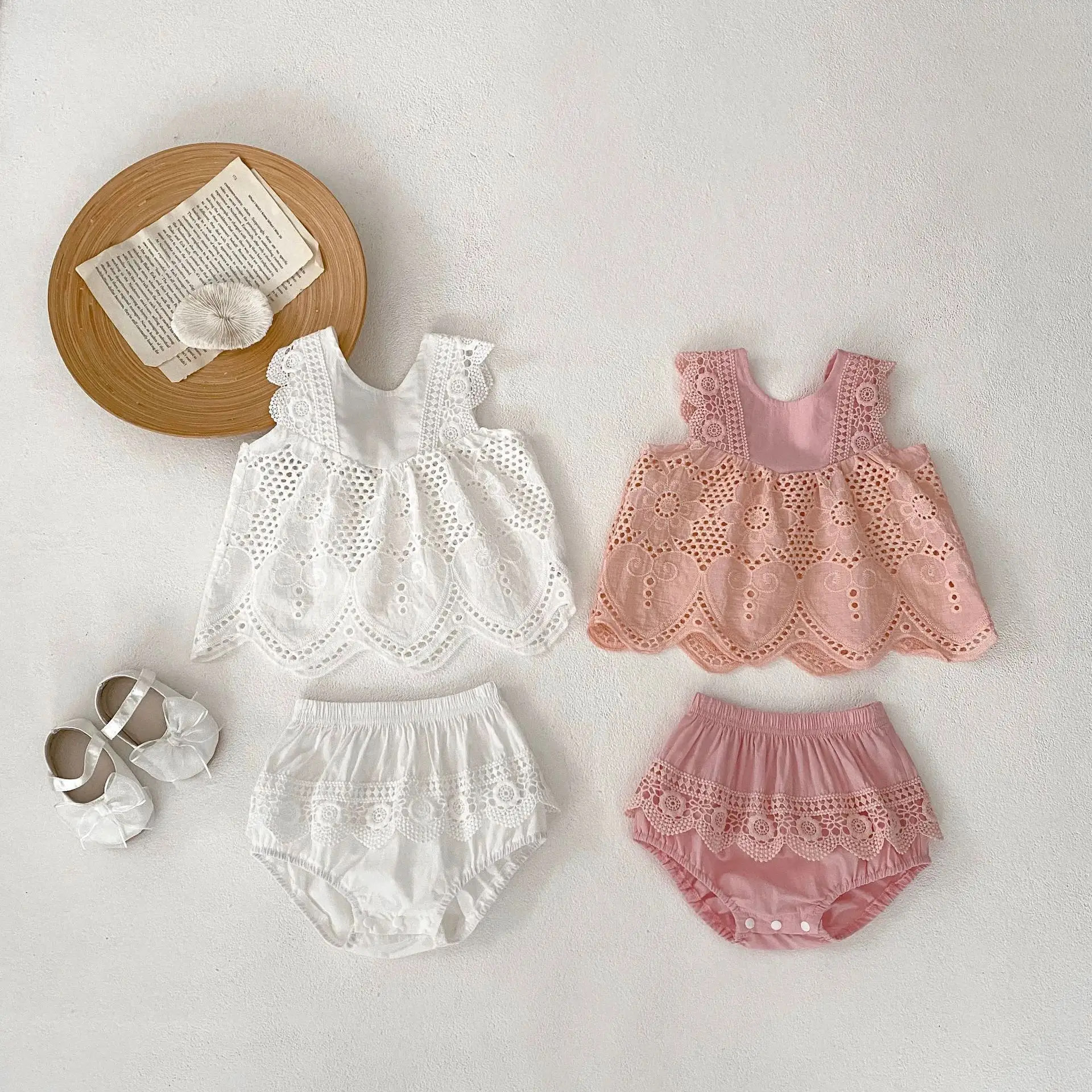 RTS Engepapa infant cotton lace shirt newborn solid color sleeveless round neck top baby girl clothing set
