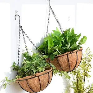 Metal Hanging Planter Basket With Coco Coir Liner Round Wire Plant Holder With Chain Porch