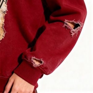 Thời Trang Mùa Thu Retro Đồ Họa In Phụ Nữ Áo Mềm Vải Zip up Trùm Đầu Đau Khổ Ripped Red Áo Cho Phụ Nữ - Product Image 6