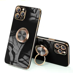 Casing Pemegang Cincin Mewah, Pelindung Ponsel Dudukan Logam Lapisan Emas untuk iPhone 11 7 8 Plus iPhone 13 12 Pro Max XS XR Silikon