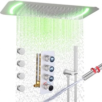 Système de douche Homedec en laiton nickel brossé et acier inoxydable, pommeau de douche pluie LED encastré au plafond 26"x16", mitigeur 3 voies, 4 jets latéraux, 2 jets dorsaux