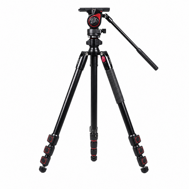 Custom Carbon Fiber Round Tube Professional Camera Tripod with Fluid Video Head Flip Lock Legs Center Column and Pan Handle