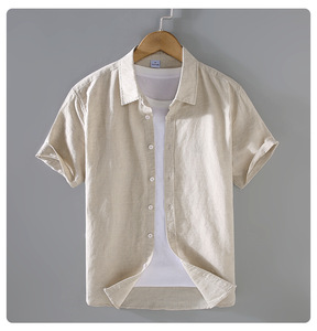 Vente en gros Nouvel arrivage <span class=keywords><strong>Chemise</strong></span> d'été pour hommes <span class=keywords><strong>Chemise</strong></span> à manches courtes en lin <span class=keywords><strong>Chemise</strong></span> décontractée pour hommes en coton et lin de couleur unie - Product Image 4