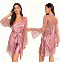 Ensemble 2 pièces de robe kimono en satin et dentelle transparente pour femme, couleur unie, respirant, élégant, pour l'été, nuisette, lingerie de mariée, vêtements de nuit