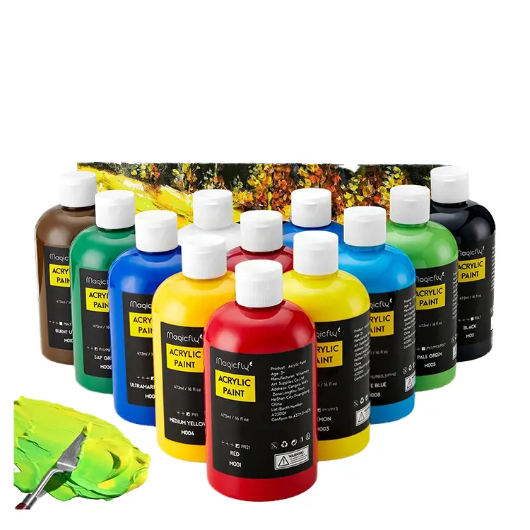 סט צבע 12 צבעים בסיסיים עשירים בקבוקים בגודל ML צבע 3D גוף כבד צבעי אקריליק זכוכית נוזלית לאמנות