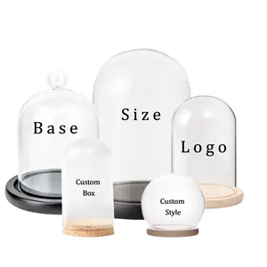 Pote transparente multi-tamanho, venda quente, pote de vidro com base de madeira, exibição, domo de vidro decorado, tamanho múltiplo