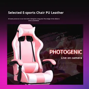 Uzatılabilir Ayak Dayama Yeri, Deri, Modern Tasarım, Bilgisayar Kullanımı İçin Pembe Beyaz Sevimli Ergonomik Oyuncu Koltuğu - Product Image 4