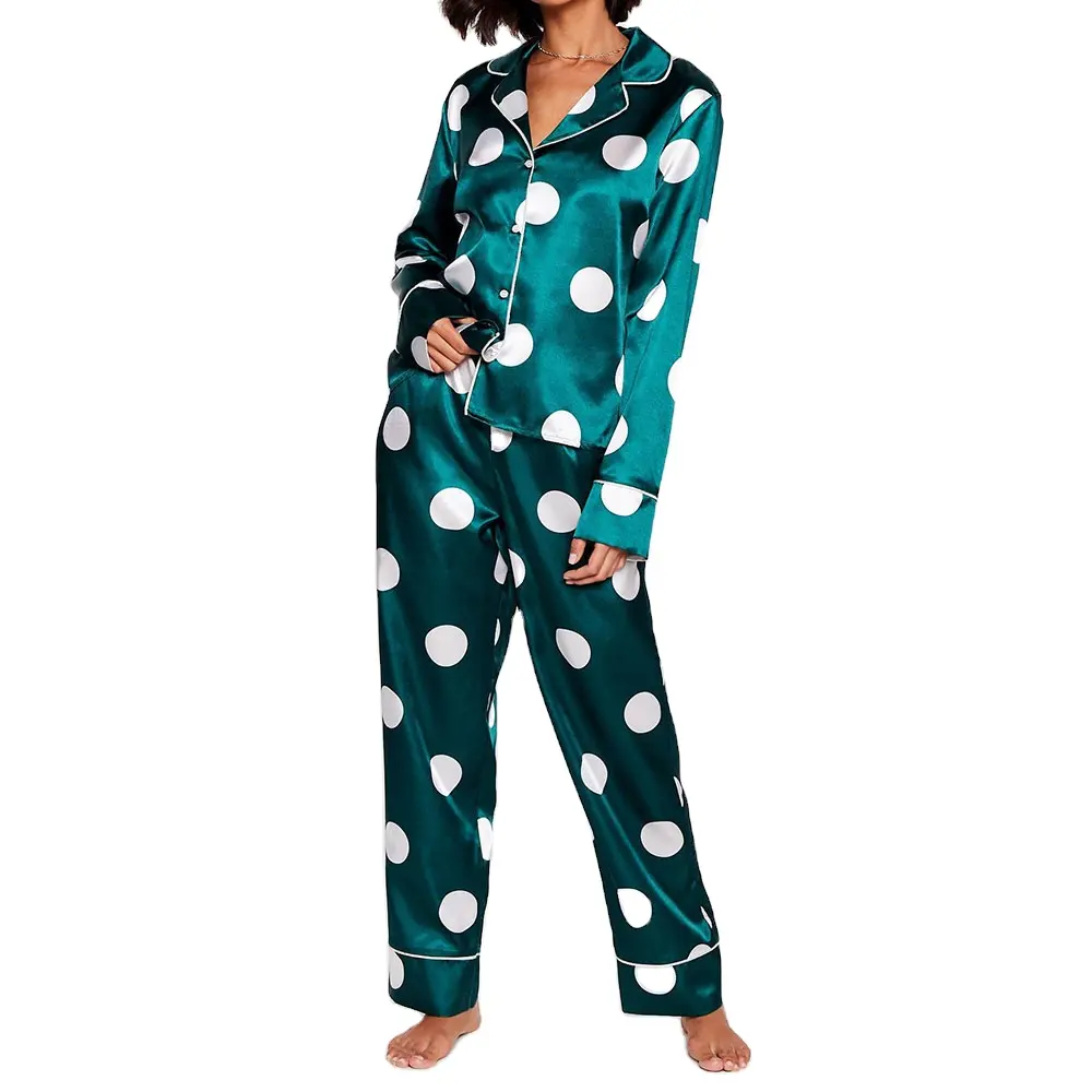 Nuevas llegadas Mujeres Cómodo Satén Big Polka Dot Impreso Loungewear Pijamas Set Ladies 2PCs Pjs Pijamas Traje de noche