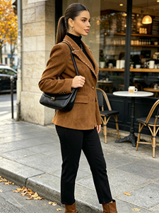 Chaqueta de Gamuza Marrón para Mujer, Cuello con Muescas, Manga Larga, Botón Único, Ropa Exterior Informal para Otoño - Product Image 2
