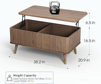 Table basse relevable avec étagère de rangement et compartiment caché, table à manger rectangulaire cannelée de style moderne du milieu du siècle pour le salon