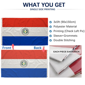 Bandera de Paraguay 3x5 pies, Poliéster, Impresión a una Cara, Ojales de Latón, Cosida, Venta al por Mayor, 3x5 90x150cm, Bandera de la República de Paraguay - Product Image 3