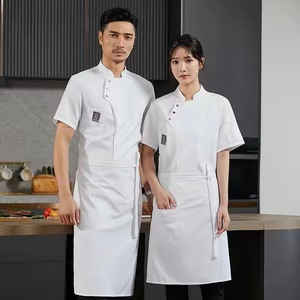 ชุดเครื่องแบบเชฟยูนิเซ็กส์สำหรับฤดูร้อนระบายอากาศได้ดีเสื้อแขนสั้นผ้ากันเปื้อนผ้าโพลีเอสเตอร์น้ำหนักเบาออกแบบโลโก้ได้ตามต้องการ - Product Image 4