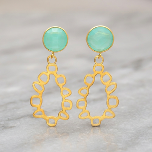 Pendientes Colgantes de Plata Chapada en Oro con Piedra Verde Agua, Diseño Geométrico Clásico Calado, para Aniversario, Venta al por Mayor - Product Image 2