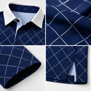 Custom <b>Navy</b> Plaid Golf Polo Shirt Mens Check Print Performance Moisture Wicking Stretch OEM ODM Private Label Manufacturer - Product Image 3