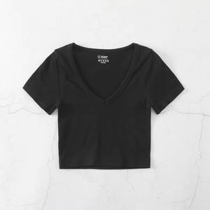 Top Corto da Donna a Maniche Corte con Scollo a V, Tinta Unita, Senza Cuciture, in Maglia a Costine Elasticizzata, Stile Streetwear Casual - Product Image 2