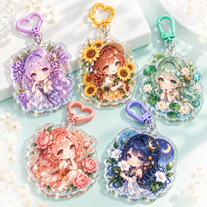 Porte-clés personnalisés en acrylique transparent avec paillettes, breloques découpées originales de personnages Chibi de jardin, OEM ODM - Product Image 1