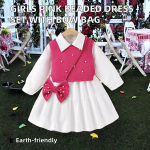 Conjunto de 3 Piezas de Satén Floral para Niñas, Verano, Mini, Chaleco con Cuentas Rosas + Vestido Camisero Blanco + Bolso con Lazo - Product Image 2