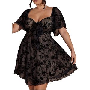 Robe en mousseline de soie à imprimé floral pour femme, grande taille, coupe trapèze, manches courtes, col cœur, taille empire, transparente et fluide - Product Image 1
