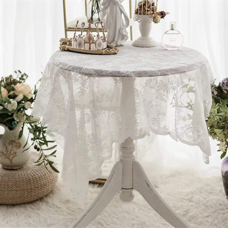 European Style Lace Tablecloth Knitted Bedside Table Cover Rose Jacquard Desk Cloth Vintage Desktop Decoration for Bedroom