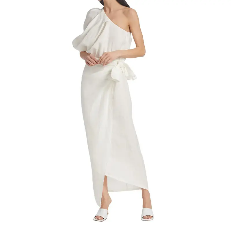 Trending Ladies dresses Puff Sleeve White Linen Blending Ruff Wrap Long Wedding Party Dress for Women