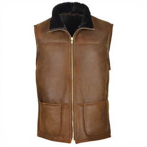 <b>Men's</b> Brown <b>Leather</b> Vest Shearling Collar Sleeveless Utility <b>Waistcoat</b> Zipper Front Multi Pocket Motorcycle Biker Custom OEM Top - Product Image 1