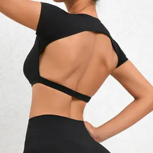 Shinbene biểu tượng tùy chỉnh của phụ nữ mở lại Workout phòng tập thể dục Tops backless cutout Ngắn Tay Áo Crop Tops