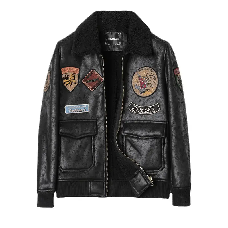 2021 Custom Winter Black Fur Lined Leather Jacket For Men Embroidery Badge Male Plus Size Leather Jacket Men