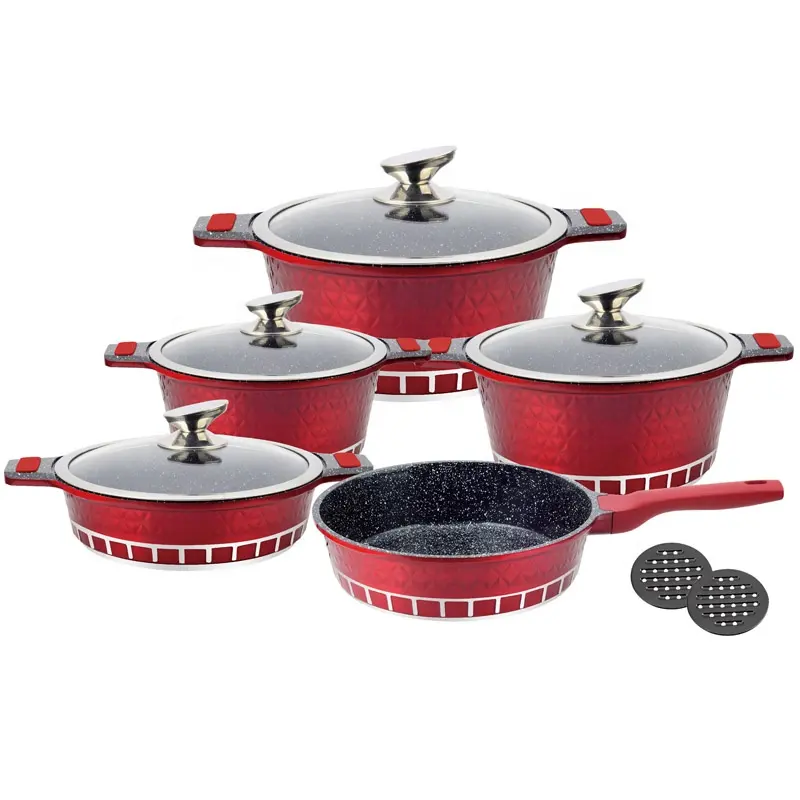 Набор посуды из 11 предметов, Красного металлического антипригарного цвета из литого под давлением алюминия