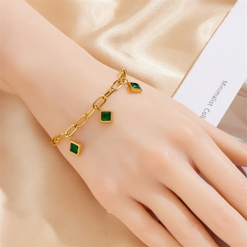 Gold Plated Emerald Square Charm Bracelet - waterproof Stainless Steel Chain Jewelry for Women