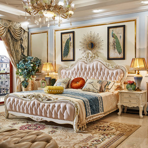 Cama de Madera Maciza de Estilo Europeo, Cama Doble Grande para Dormitorio Principal de Villa, Cama de Princesa Rosa, Cama de Matrimonio - Product Image 1