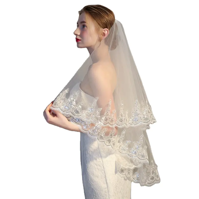 White Ivory Lace Applique Edge One Layer 1.5 M Long Wedding Veil Bridal Veil Bridal Accessories