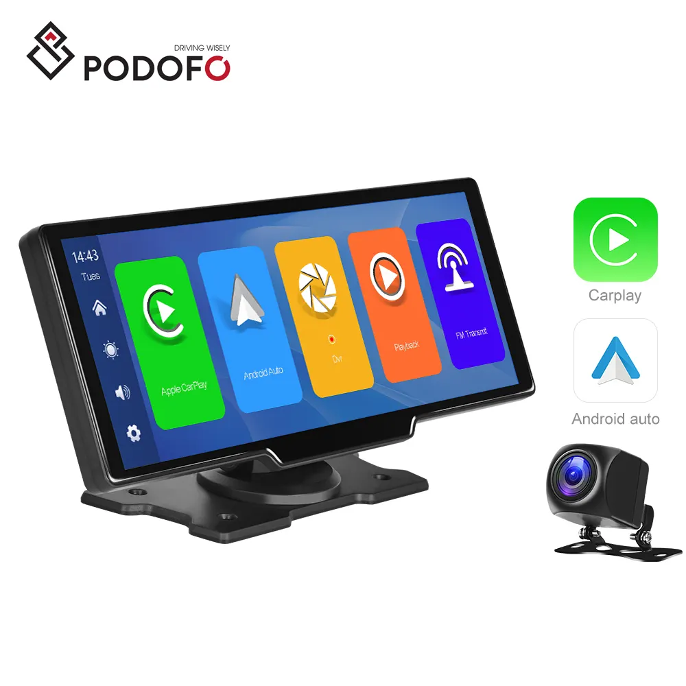 Podofo 3 in 1 9.3" HD Monitor Rear Camera Kits & Front and Rear Dual Camera DVR & Car Stereo Radio CarPlay Android Auto FM Voice