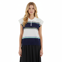 Top de punto personalizado para mujer con bajo MOQ, diseño jacquard a rayas, cuello polo, manga casquillo, media cremallera y calado