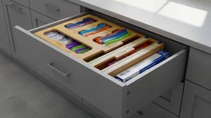 Bag Organizer Cutter Bamboo Bag Organizer and Plastic Wrap Dispenser with Storage for <b>Foil</b> Wax Paper Plastic Wrap - Product Image 3