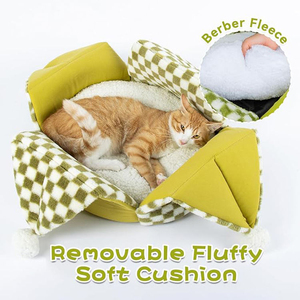 Cat <b>Bed</b> for All Seasons Warm Large Space Semi-Enclosed Teddy Design Checkered Pattern Large Detachable Washable Pet <b>Bed</b> Mat - Product Image 4