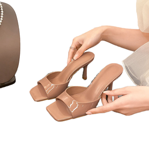 Women's Summer Open Toe High Heel Slippers British <b>Style</b> New Square <b>Head</b> Open Toe Slim Heels for Oversize Patent Leather Upper - Product Image 1