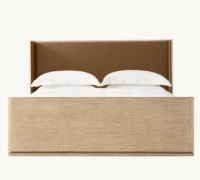 Lit plateforme traditionnel RH LIGNE Double Queen/King avec tête de lit en tissu blanc éclatant et cadre en chêne massif chaud