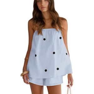Conjunto de dos piezas de pantalones cortos con lunares para mujer, top sin tirantes, ropa informal de verano para estar en casa - Product Image 1
