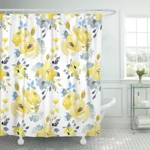 ブラックフローラル水彩明るい夏のバスルームの装飾カーテン防水ポリエステル生地シャワーカーテンセット