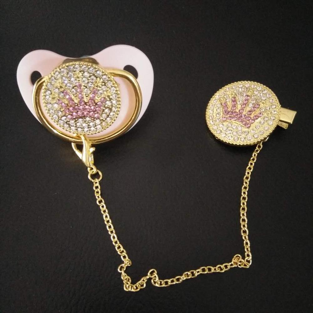 Оптовая продажа, розовая Королевская корона, силиконовый детский прорезыватель, украшенный бриллиантами, зажим для соски, для младенцев, новорожденных, малышей