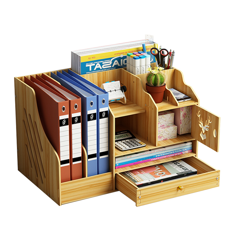 Large Wooden Desktop Organizer for Office Supplies Storage Shelf Rack - Book Shelf, Desk Stationary 5 Compartment Holder