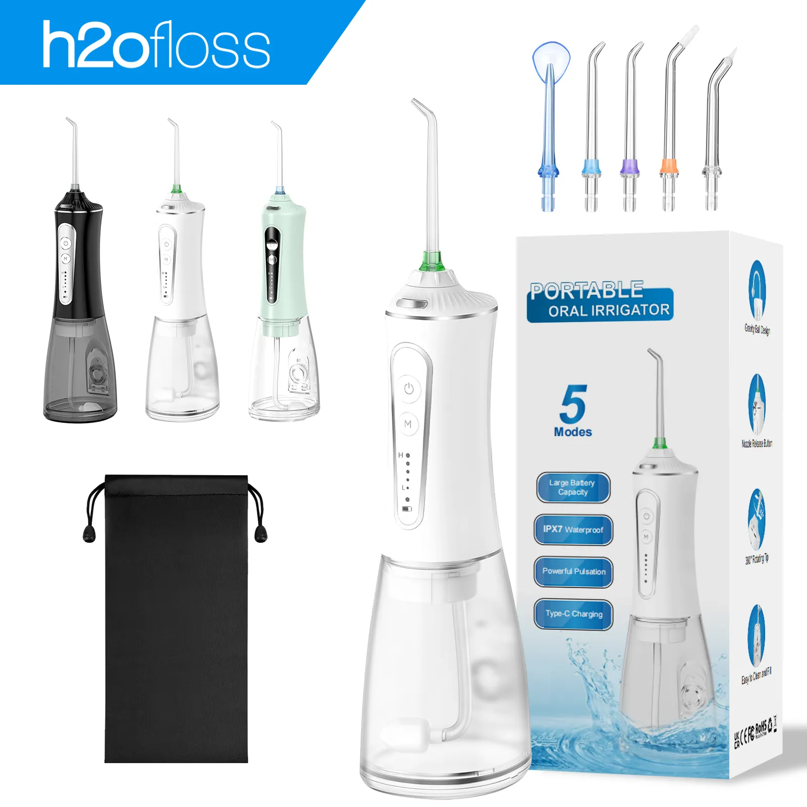 H2ofloss irigator listrik portabel Super, irigator Oral kualitas tinggi Floss air pemutih profesional IPX7 2000mAh