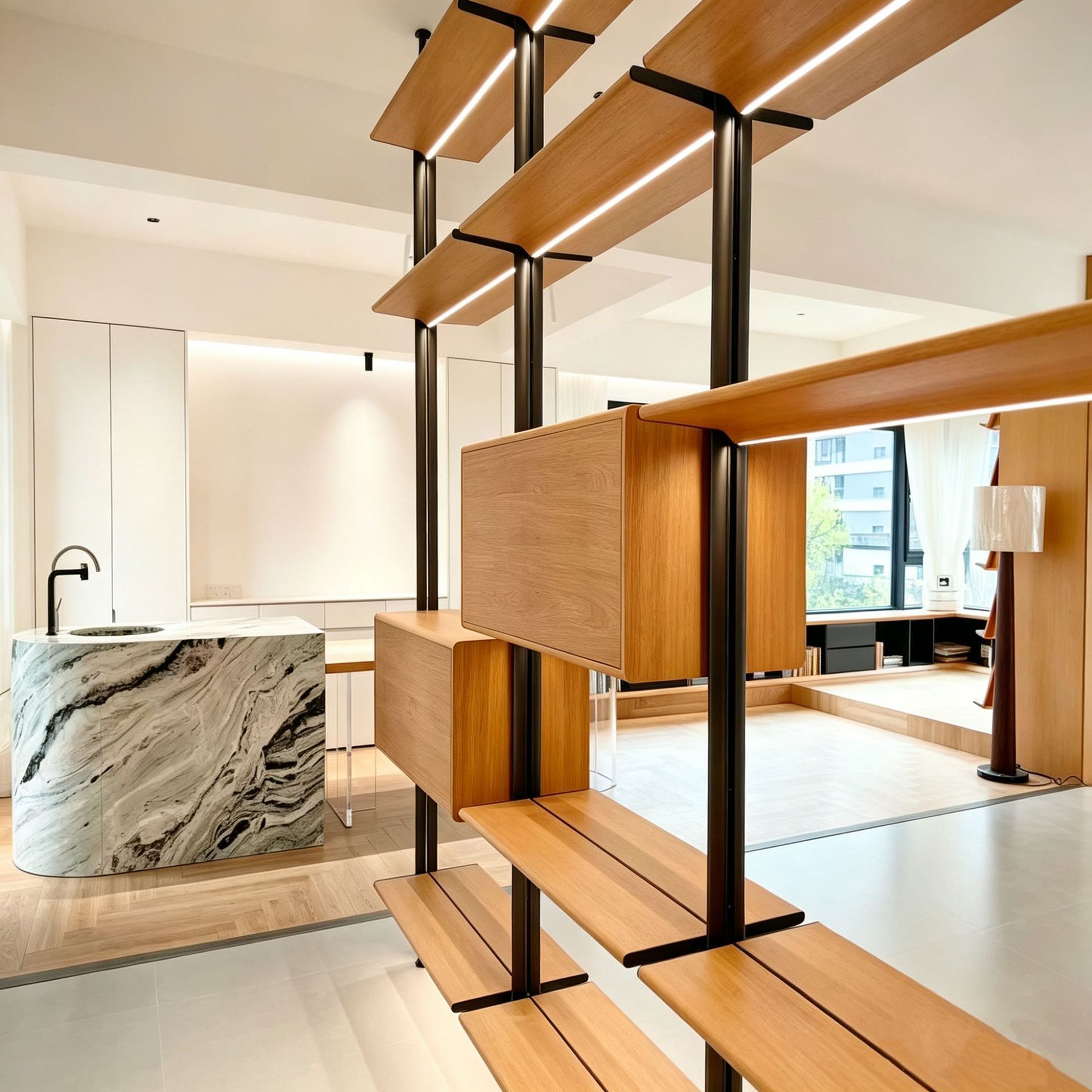 Sistema de almacenamiento minimalista de aluminio para vestidor con pilares
