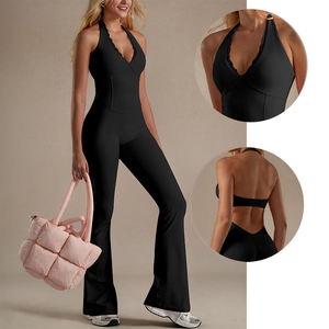 Hot Sale Women Workout Jumpsuit V-neck <b>Open</b> Back Tummy Control Flare Pants High Elastic Yoga Pilates Four-Way Stretch - Product Image 4