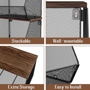 <span class=keywords><strong>Stackable</strong></span> giỏ trái cây cho nhà bếp Countertop treo tường lưới dây kim loại giỏ với nắp gỗ 2 gói lưu trữ tổ chức hộp - Product Image 5