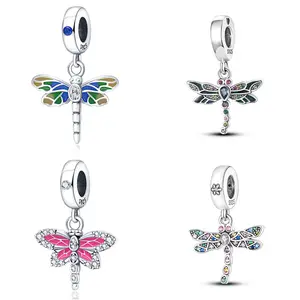 925 Sterling Silver Zircon spring dragonfly Pendant diy Charm Beads Fit Original snake Bracelet Pendant Necklace Jewelry gift