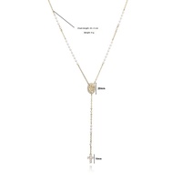 Collier chaîne en laiton plaqué or 18 carats avec pendentif croix en zircon cubique et médaille gaufrée en fausse perle en Y pour femme, bijoux vintage