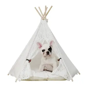 Pamuk kanvas Pet köpek Teepee katlanabilir ve yıkanabilir dantel Pet yatak Pet House çadır kedi veya köpek için